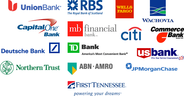 Union Bank, RBS, Wells Fargo, Wachovia, Capital One Bank, mb financial bank, citibank, commerce bank, Deutsche Bank, TD Bank, US bank, Northern Trust, ABN AMRO, JP Morgan Chase